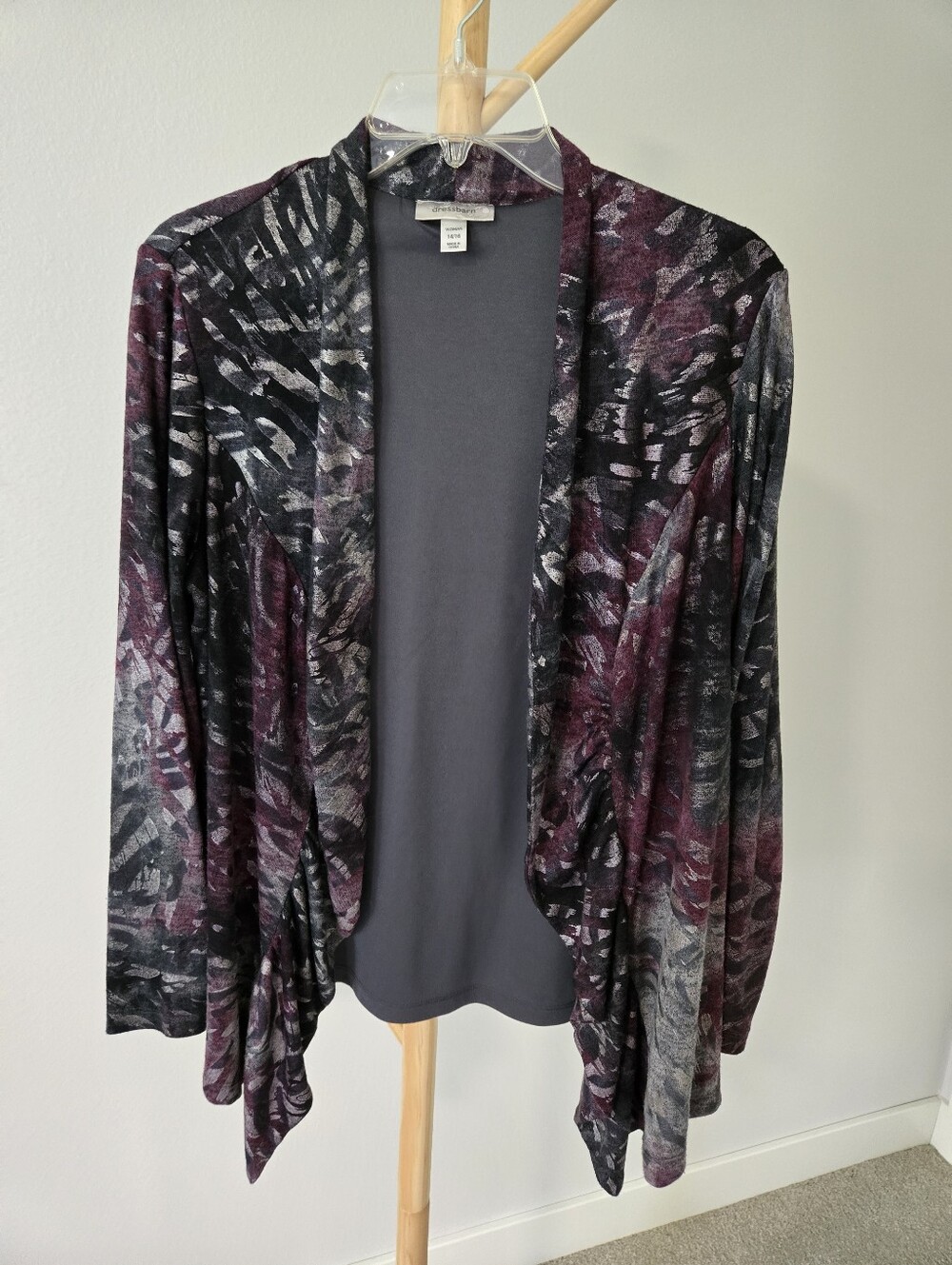 Dress Barn Women’s Open Front  Cardigan Sweater - Purple/Silver/Black Pattern
